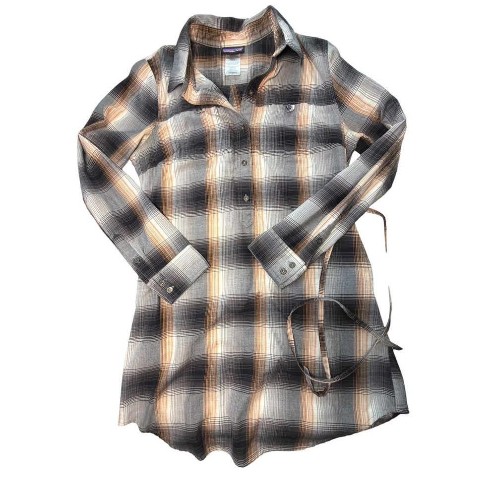 Patagonia Womens Plaid Flannel Shirt Dress Grey Orange Organic Cotton Size 8